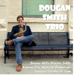 Smiling man on bench holding saxophone